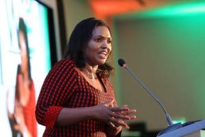 SAFARICOM - WOMEN IN BUSINESS AWARD DINNER AT RADISSON BLU. Keroche Breweries CEO, Tabitha Karanja address the audience during the women in business award dinner.